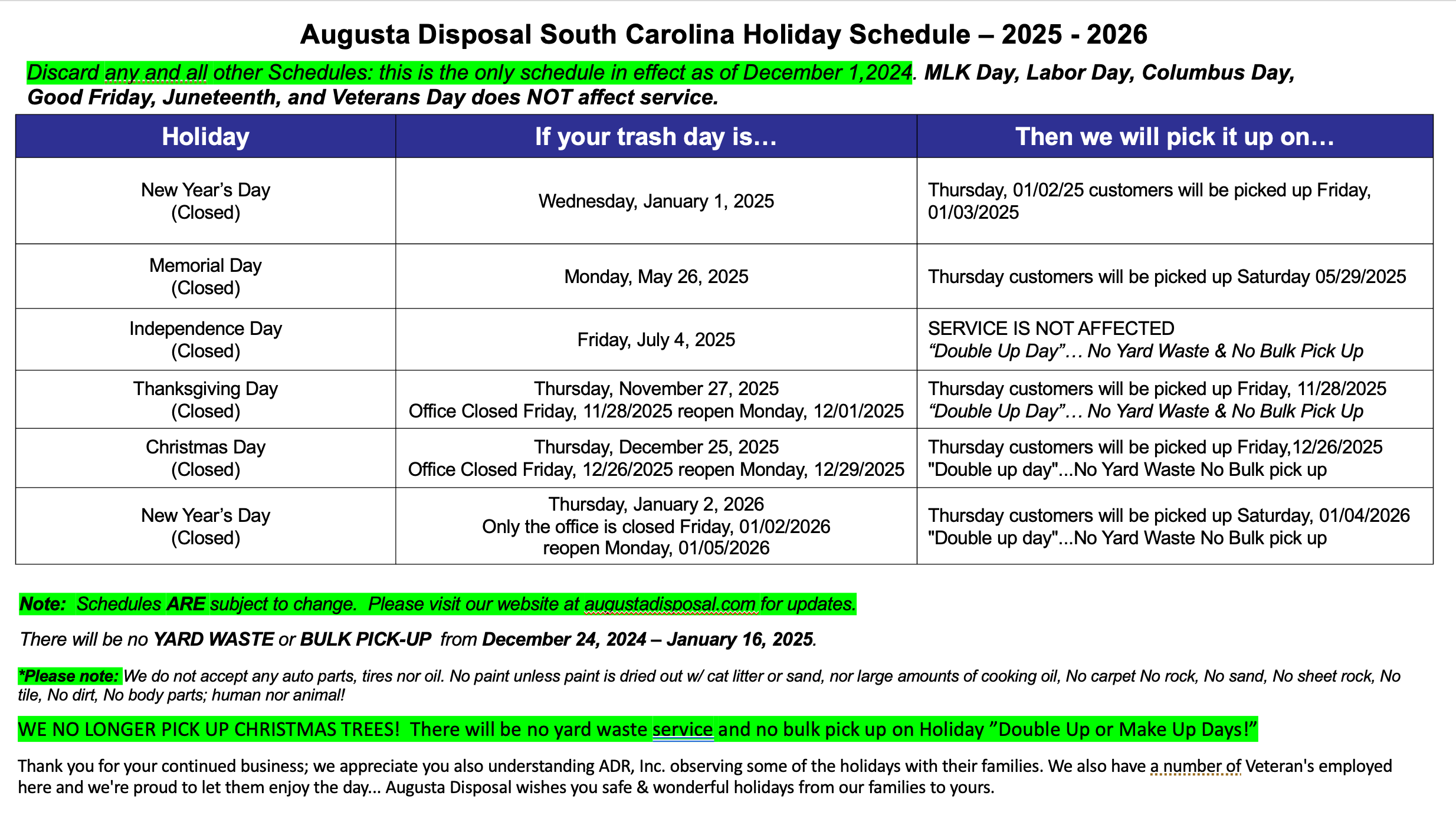 SC Schedule - Augusta Disposal