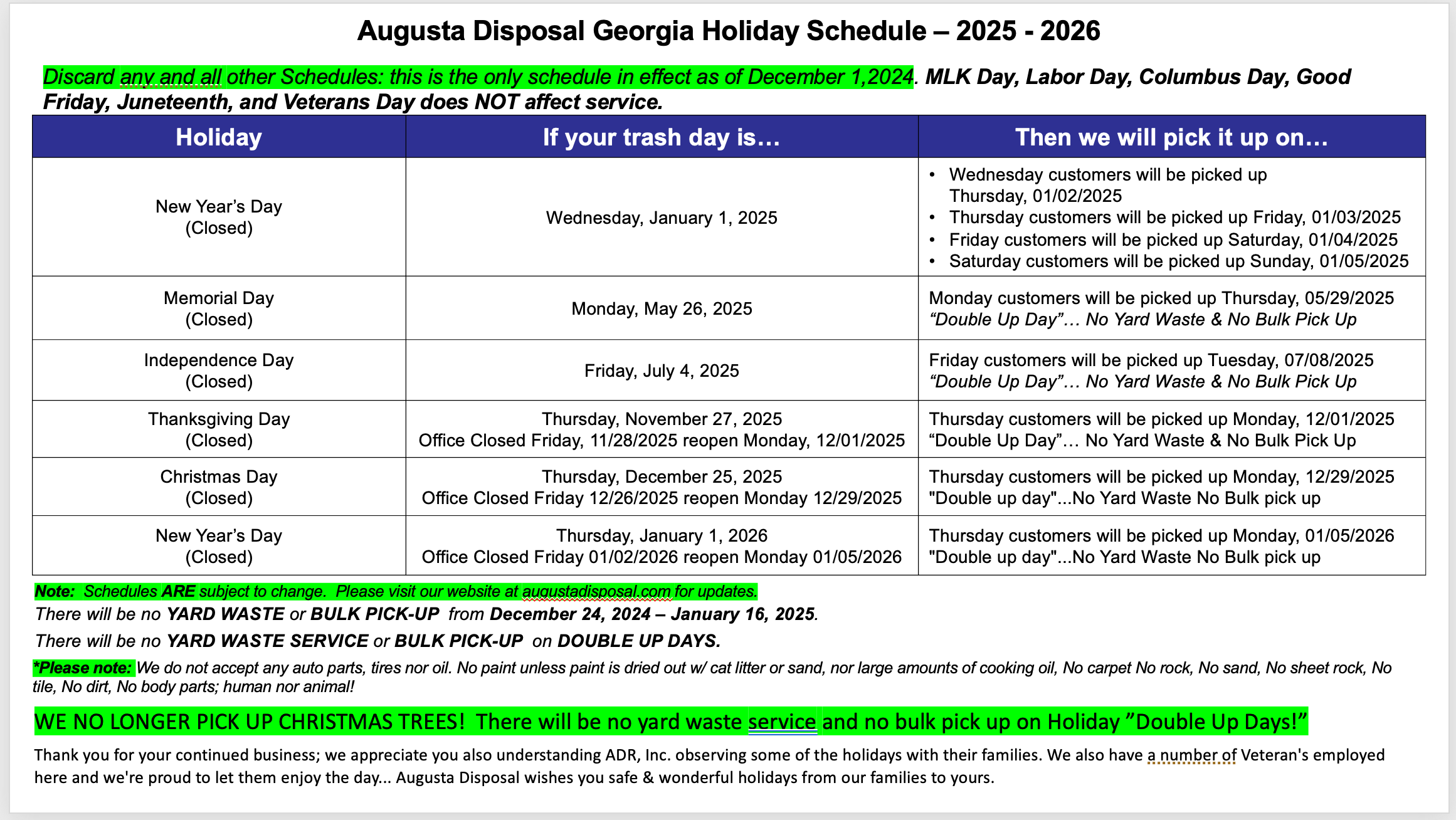 2025 GA Holiday Schedule