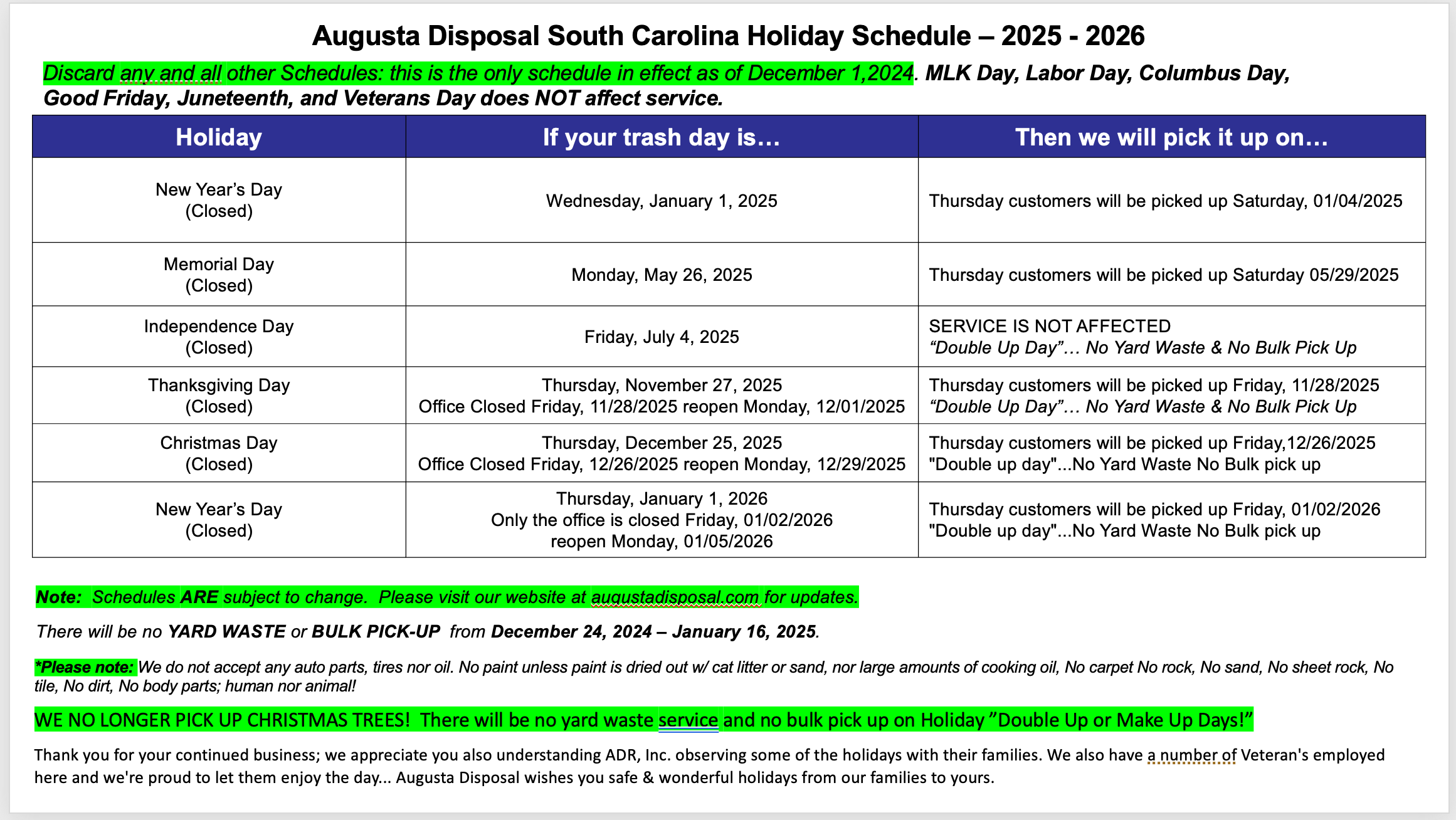 2025 SC Augusta Disposal - Schedule