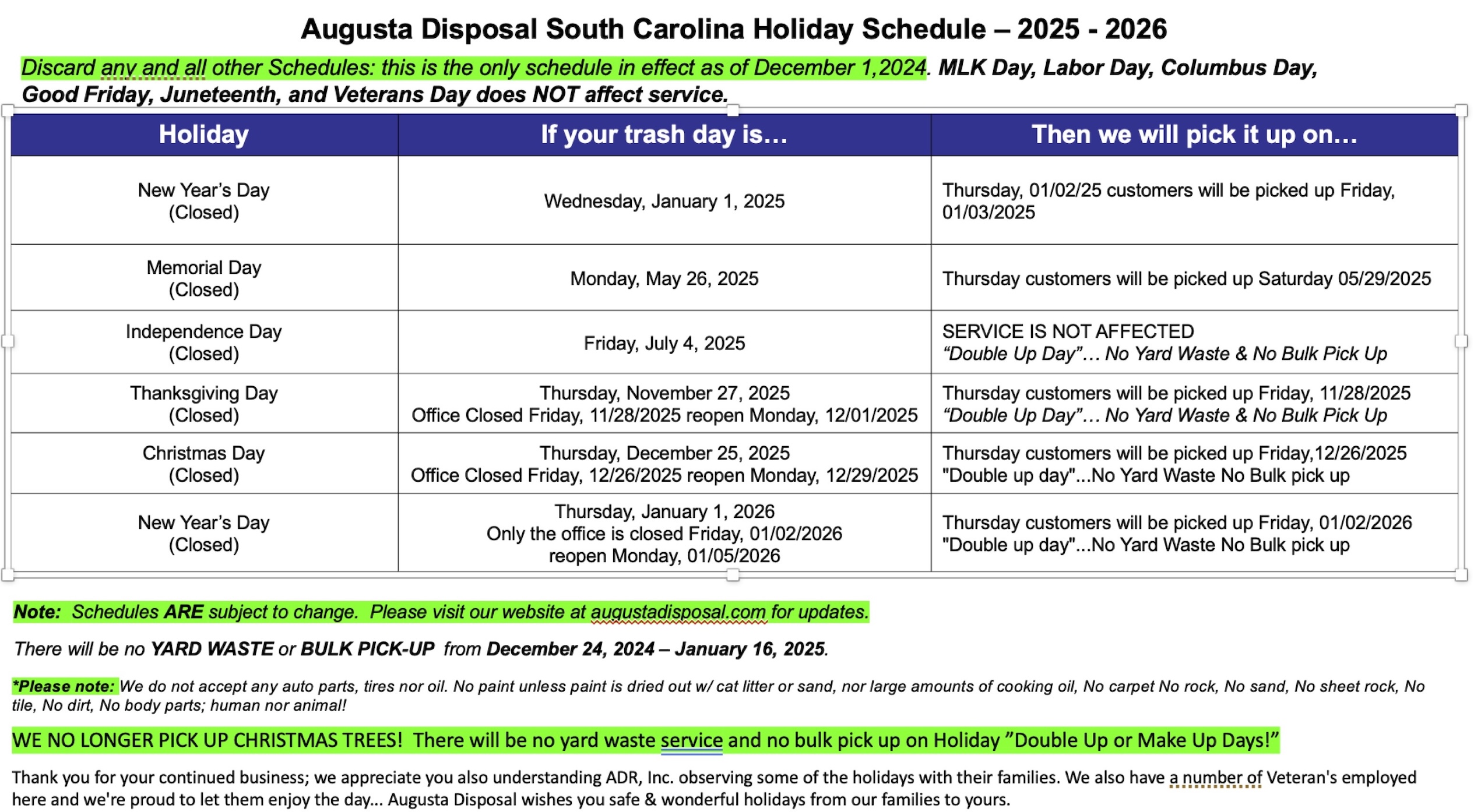 Augusta Disposal_SC Holiday Schedule_2025 SC Holiday Schedule