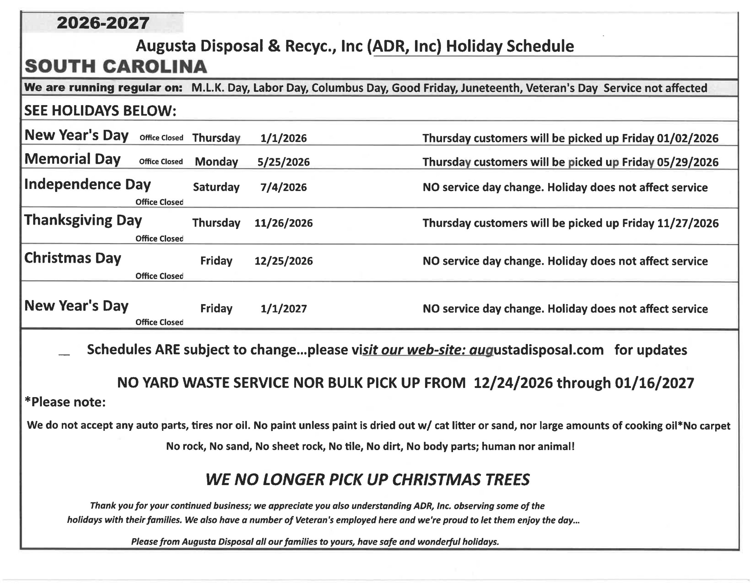 SC 2026-2027 Holiday Schedule SC 2026-2027 Holiday Schedule